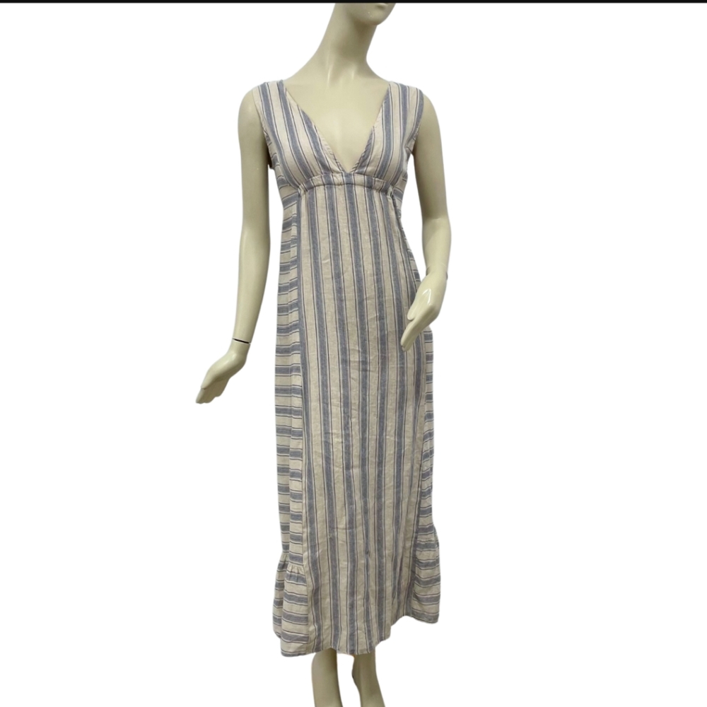 100% linen long striped v-neck dress